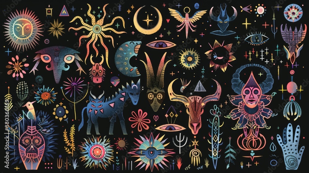 Whimsical fantasy elements with mythical creatures and magical symbols. Whimsical fantasy elements with mythical creatures and magical symbols.