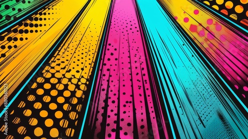 A playful and energetic comic stripinspired design with multiple colorful panels Each panel has a different pattern