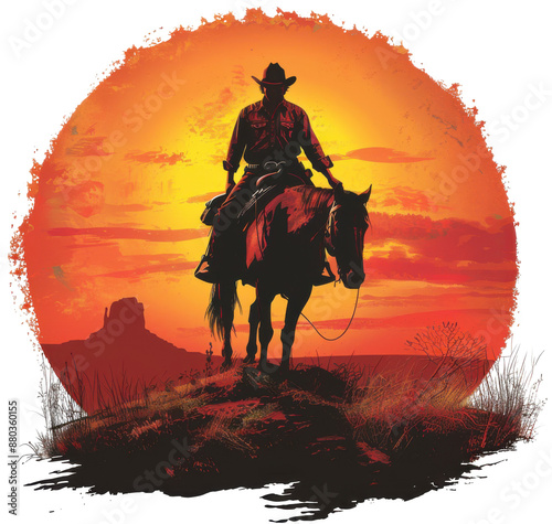 a lone cowboy on horseback, western sunset, realistic illustrati