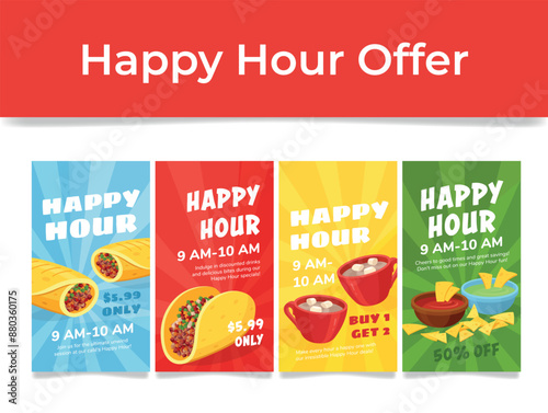 Mexican food happy hour shopping promo poster design template set isometric vector