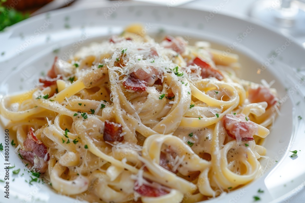 A serving of fresh pasta with a rich and creamy carbonara sauce, topped with crispy pancetta and a sprinkle of Parmesan cheese. A serving of fresh pasta with a rich and creamy carbonara sauce, topped with crispy pancetta and a sprinkle of Parmesan cheese.