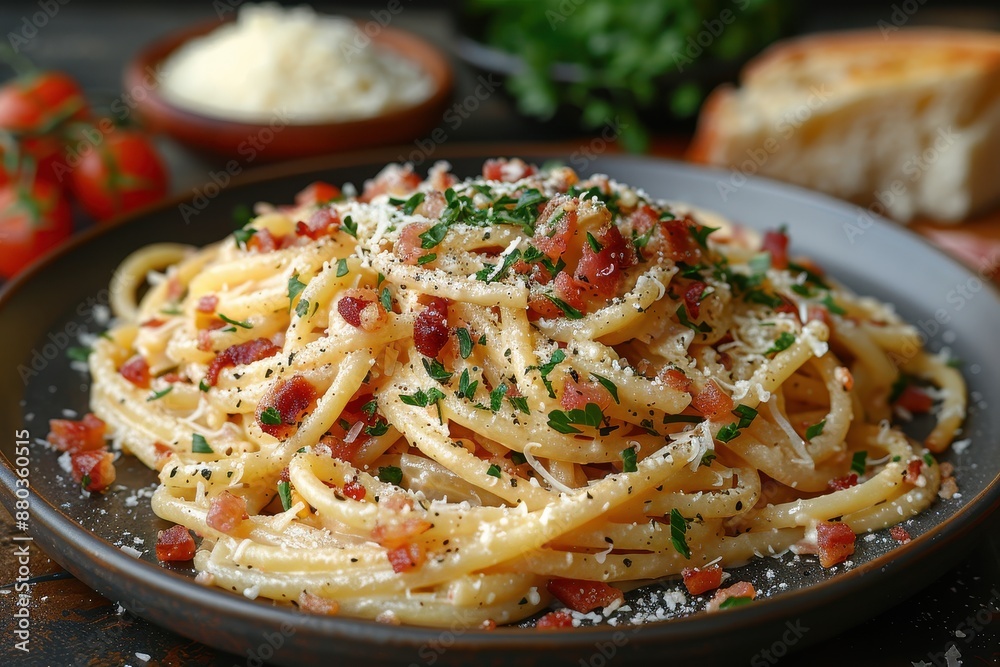 Fototapeta premium A serving of fresh pasta with a rich and creamy carbonara sauce, topped with crispy pancetta and a sprinkle of Parmesan cheese.