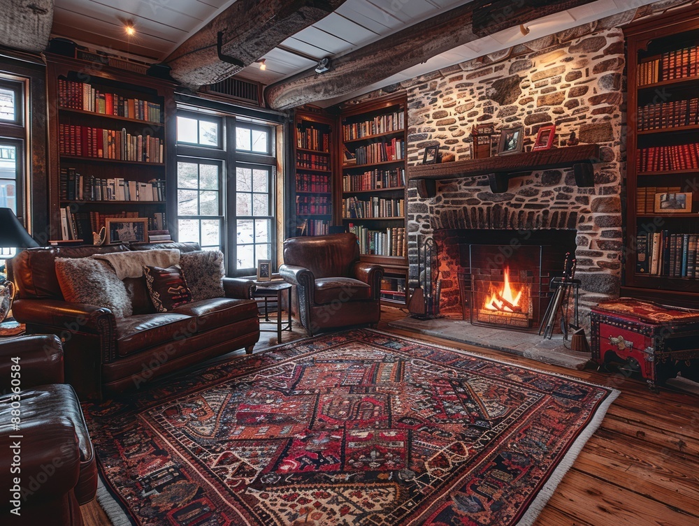 Cozy Library with Fireplace and Bookshelves Cozy Library with Fireplace and Bookshelves