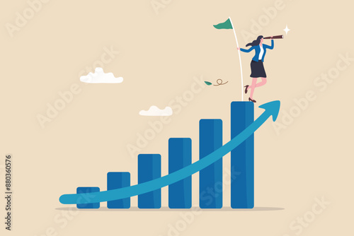 Business growth, success leadership looking for new vision, career opportunity, female leader challenge, job achievement concept, success businesswoman on growth chart looking through telescope.