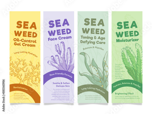 Seaweed face cream beauty cosmetic care product label design template set engraved vector