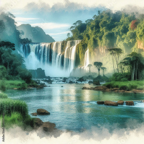 View of waterfall at lake