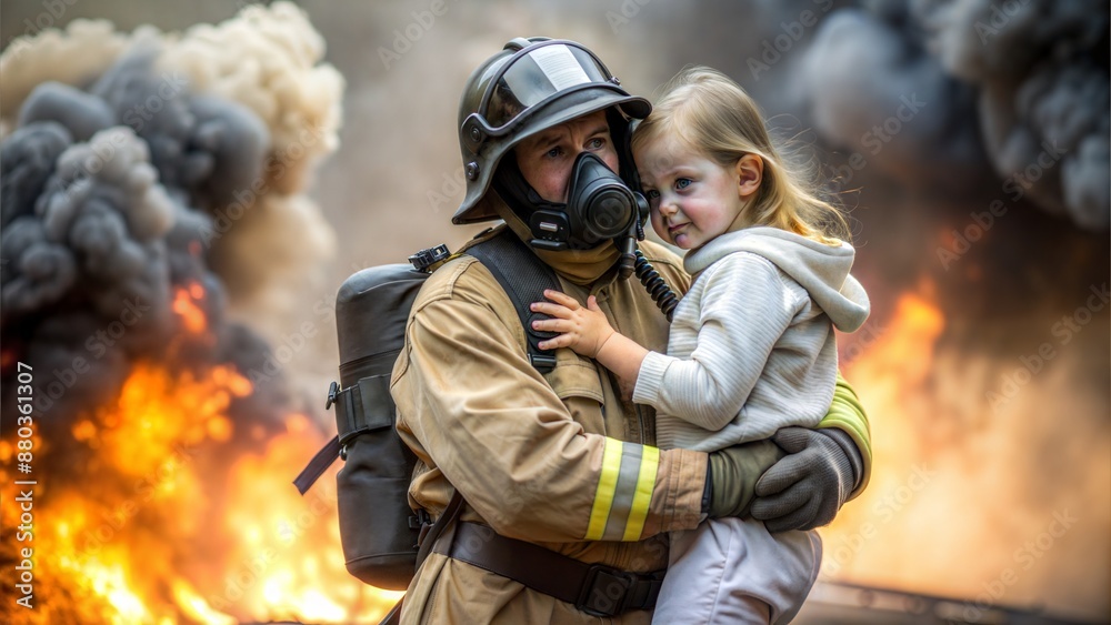 Against the background of fire and black smoke. A firefighter in special equipment with a beautiful cute girl in his arms comes out of a burning house. A firefighter rescued a child from the fire. Against the background of fire and black smoke. A firefighter in special equipment with a beautiful cute girl in his arms comes out of a burning house. A firefighter rescued a child from the fire.