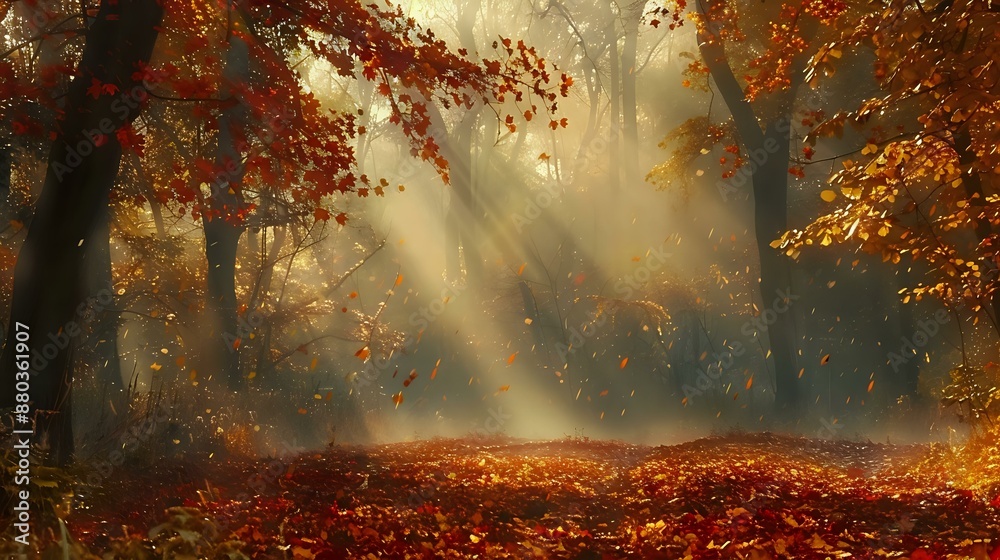 Enchanted autumn forest, golden and crimson leaves carpeting the ground, soft rays of sunlight filtering through the canopy, gentle mist