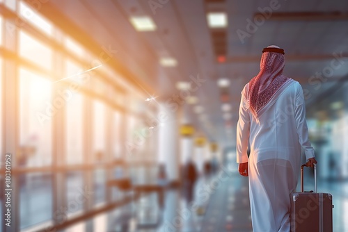 Saudi Gulf Arab man wearing a traditional white thobe and red shemagh carry a suitcase on blurred bokeh airport background.