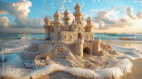A magnificent sandcastle built on a sandy beach with the ocean in the background. © Arak