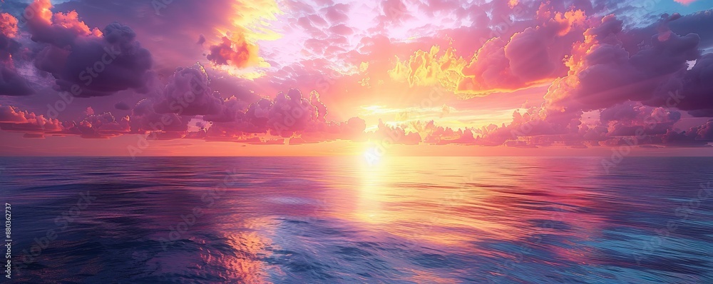 A tranquil sunset over a calm ocean, the sky ablaze with hues of orange, pink, and purple. A tranquil sunset over a calm ocean, the sky ablaze with hues of orange, pink, and purple.