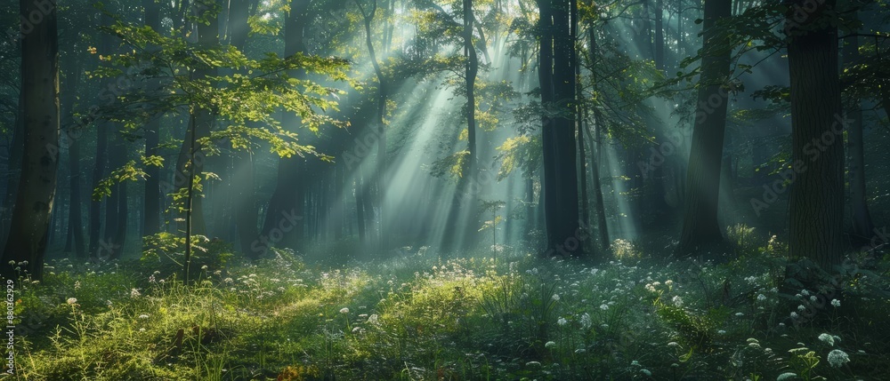 Obraz premium Sunlight streams through the trees in a misty forest, illuminating the lush greenery and creating a magical atmosphere.