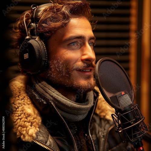 A voice actor recording lines in a soundproof booth