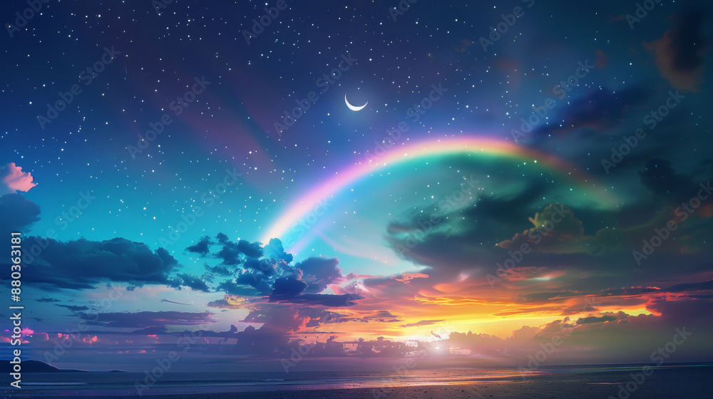 The sky was adorned with a vibrant rainbow, twinkling stars, and a radiant moon.