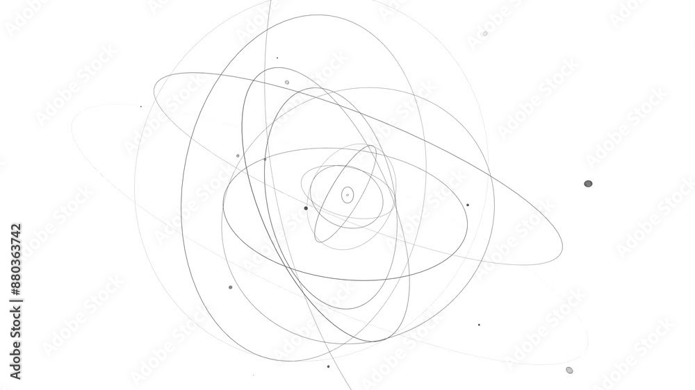 Multiple ellipses representing the paths of electrons around a central nucleus. Black thin lines form intricate patterns, showcasing a stylized representation of atomic structure. Seamless loop