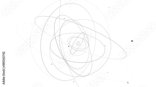 Multiple ellipses representing the paths of electrons around a central nucleus. Black thin lines form intricate patterns, showcasing a stylized representation of atomic structure. Seamless loop