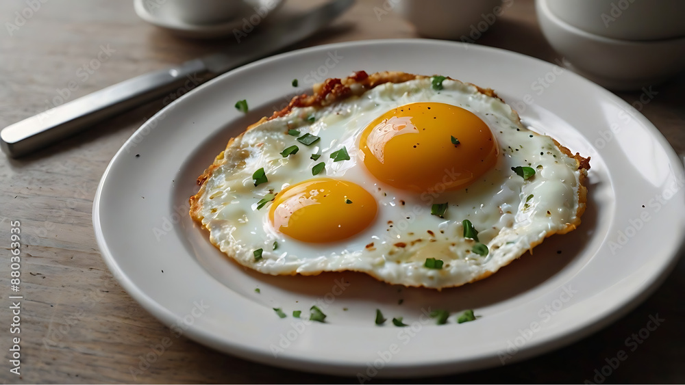 Fried Eggs with Parsley on a Wooden Table. Generative AI Fried Eggs with Parsley on a Wooden Table. Generative AI
