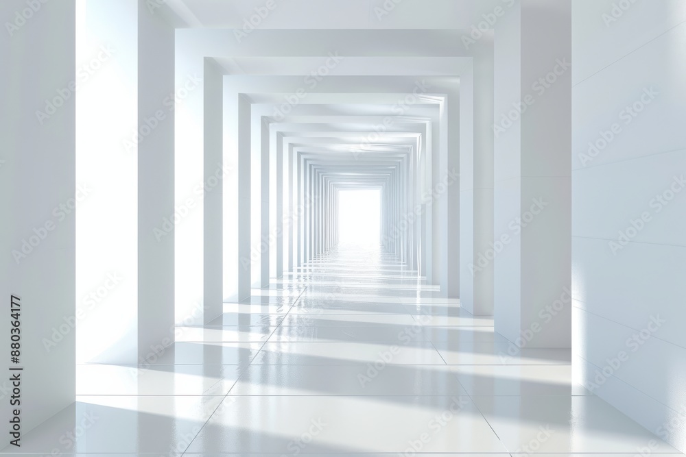 Bright white abstract hallway with glowing end. Minimalist architecture design. Concept of future, hope, opportunity, and possibility. Bright white abstract hallway with glowing end. Minimalist architecture design. Concept of future, hope, opportunity, and possibility.