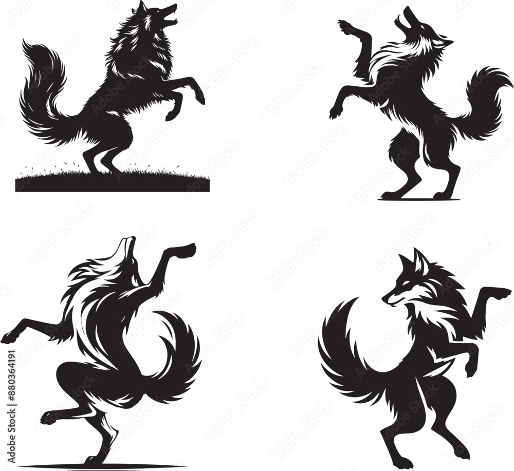 A black and white wolf in dancing poss of vector form A black and white wolf in dancing poss of vector form