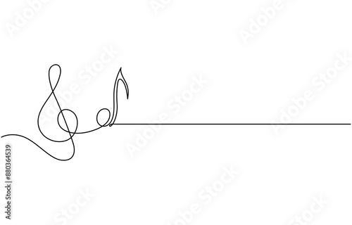 Continuous one line drawing treble clef. Music key. Isolated on white background vector illustration. Free vector, Continuous single line drawing of treble clef. Abstract music notes song sound.