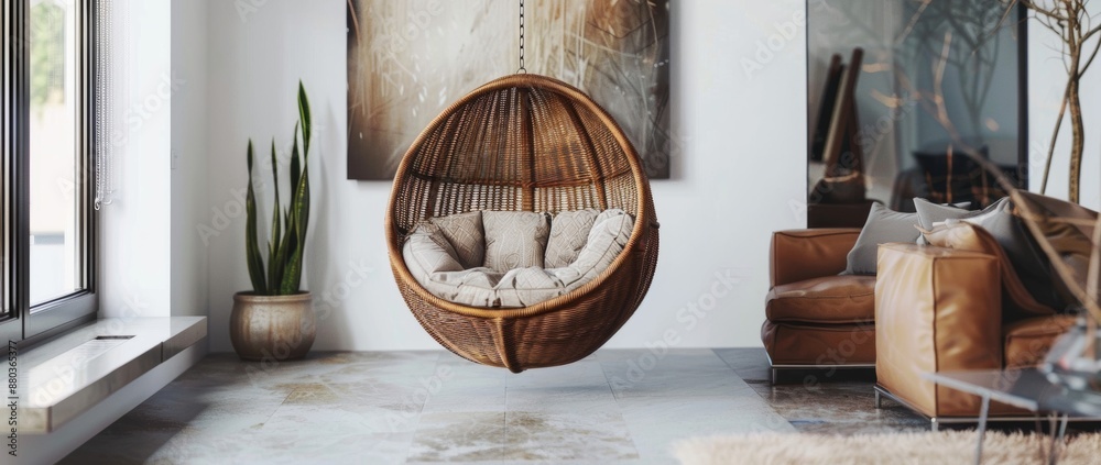 Contemporary living room has cozy hanging chairs hung elegantly Surrounded by modern decorations Contemporary living room has cozy hanging chairs hung elegantly Surrounded by modern decorations