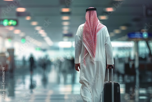 Saudi Gulf Arab man wearing a traditional white thobe and red shemagh carry a suitcase on blurred bokeh airport background.