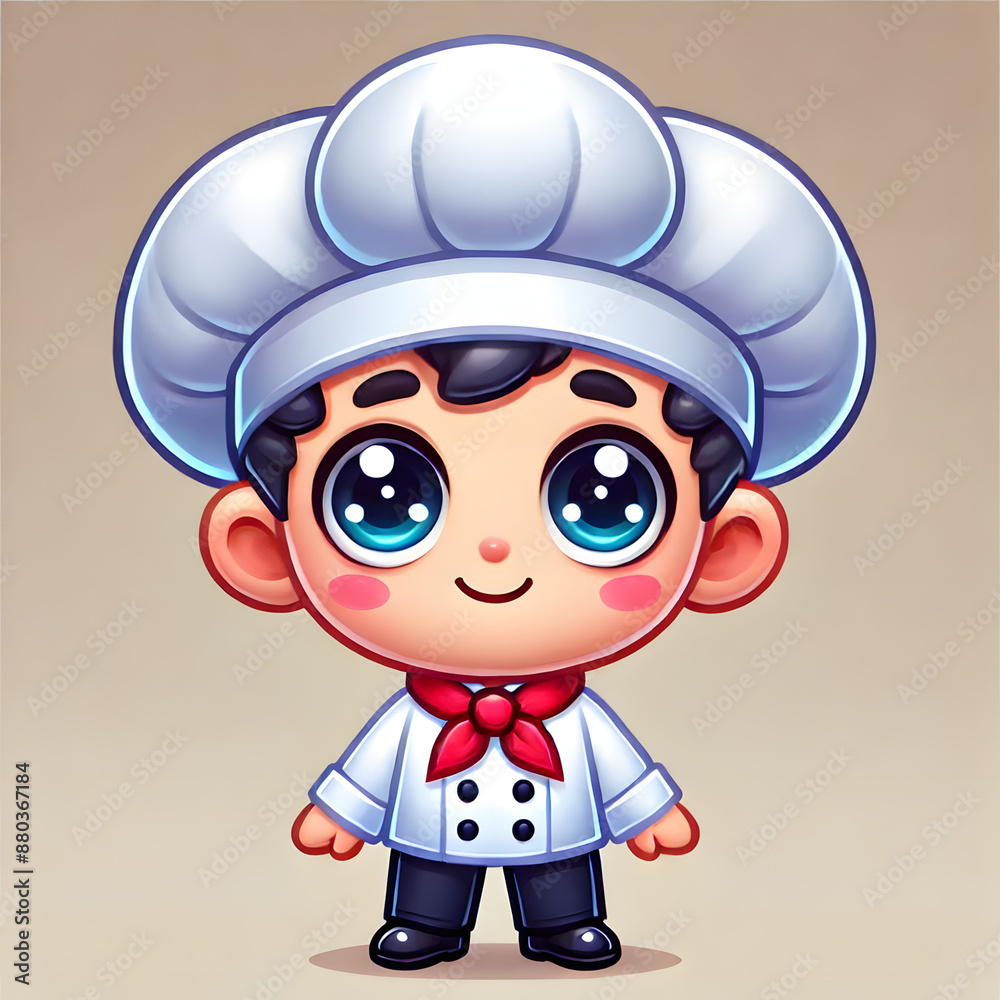 Cute Cartoon Chef Character with Red Scarf and Big Eyes on Beige Background Cute Cartoon Chef Character with Red Scarf and Big Eyes on Beige Background