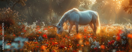 A photorealistic image of a majestic unicorn grazing in a field of wildflowers, its horn glowing with an ethereal light.