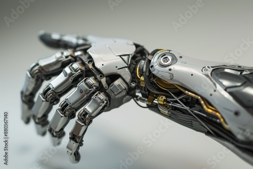 A robotic hand with a metal arm and hand, A detailed representation of a futuristic prosthetic arm, AI generated