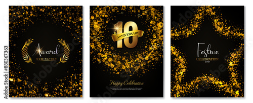 Elegant Golden bokeh Celebration Template Set. Black paper luxury invitation for award ceremonies, anniversaries, and festive events