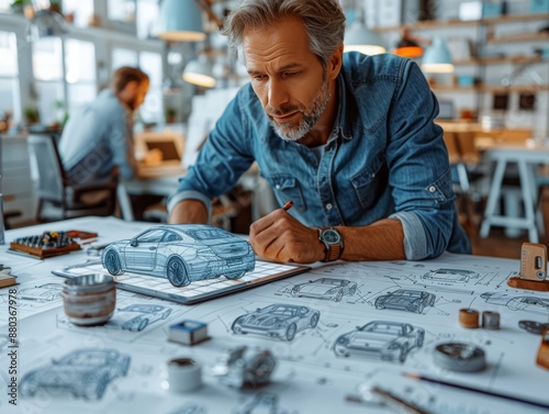 An automotive designer sketching a car model on a digital tablet