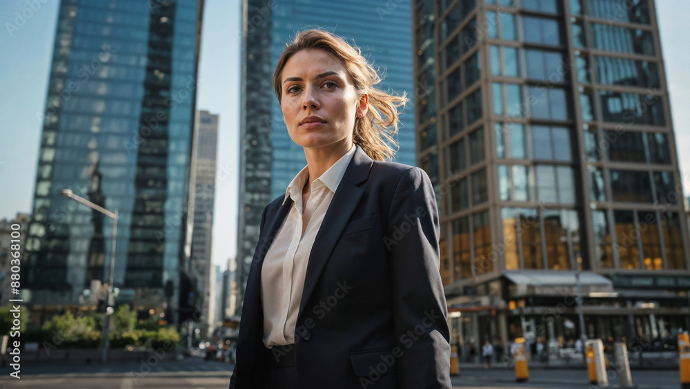 Strong businesswoman in a suit standing in front of skyscrapers, professional woman in urban cityscape, confidence and leadership in career success concept Strong businesswoman in a suit standing in front of skyscrapers, professional woman in urban cityscape, confidence and leadership in career success concept