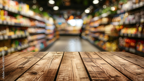 empty wooden table top with blurred supermarket aisles in background, for product display and mockup 