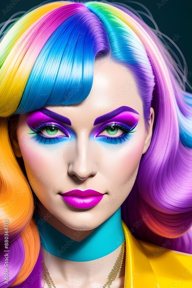 an image of a Colourful, 1970s closeup of a beautiful disco woman, 1970s fashion, retro, vintage, rainbow colors, stylish, retro hairstyle, Beauty, Glamour, Funky, Sequins, an image of a Colourful, 1970s closeup of a beautiful disco woman, 1970s fashion, retro, vintage, rainbow colors, stylish, retro hairstyle, Beauty, Glamour, Funky, Sequins,