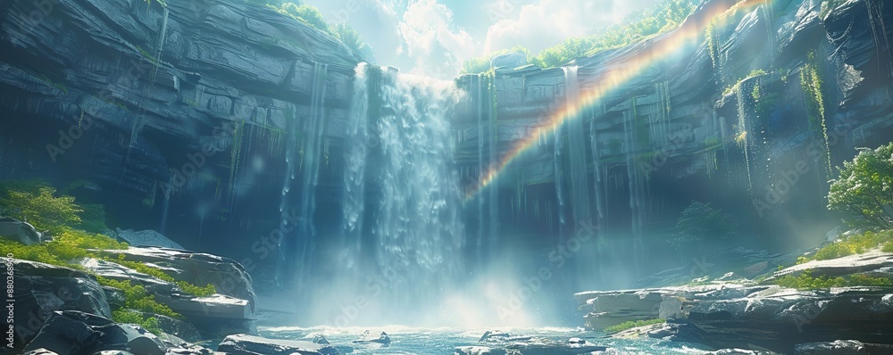 A photorealistic depiction of a powerful waterfall cascading down a rocky cliff, its mist creating a rainbow in the sunlight. A photorealistic depiction of a powerful waterfall cascading down a rocky cliff, its mist creating a rainbow in the sunlight.