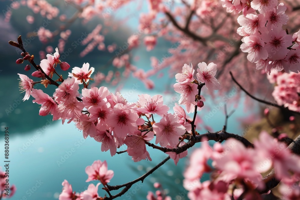 A serene path lined with blooming pink cherry trees, A cherry blossom scene in full bloom, AI generated A serene path lined with blooming pink cherry trees, A cherry blossom scene in full bloom, AI generated