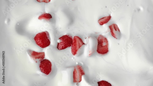 Strawberry yogurt production, delicious cut berries falling into white thick cream, slow motion shot