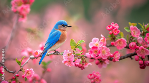 A vibrant blue bird perched on a blooming branch