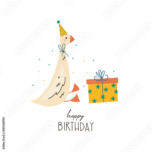 Hand drawn happy birthday card with funny goose with birthday cap and lettering Happy Birthday. Funny birthday card design Isolated on white background. Good for posters, t shirts, postcards.