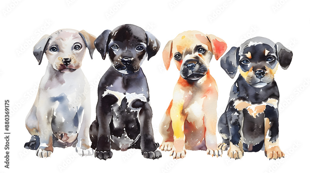Obraz premium Group of cute puppies dogs sitting in a row watercolor illustration isolated on a white background