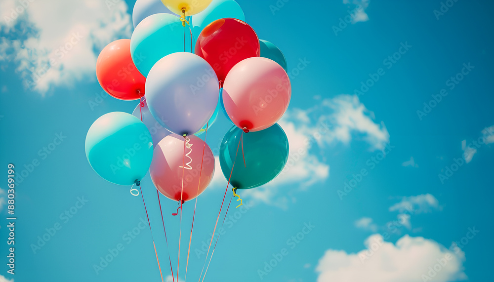 colorful helium balloons floating against blue sky joyful celebration background colorful helium balloons floating against blue sky joyful celebration background