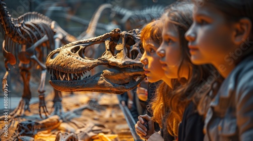 Fototapeta Naklejka Na Ścianę i Meble -  Children Amazed by Dinosaur Skeleton at Museum
