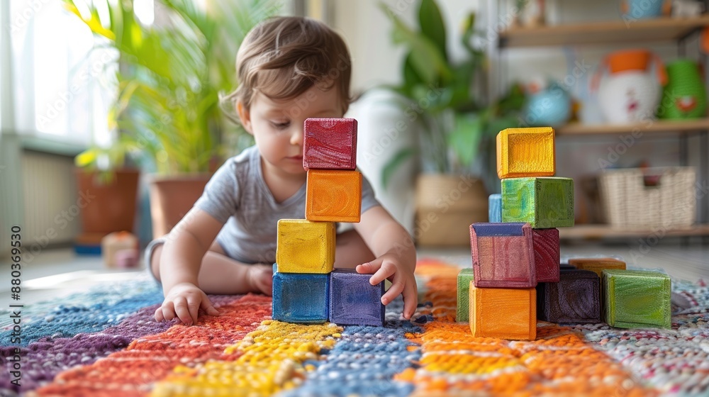Toddler Playing with Colorful Wooden Blocks Toddler Playing with Colorful Wooden Blocks