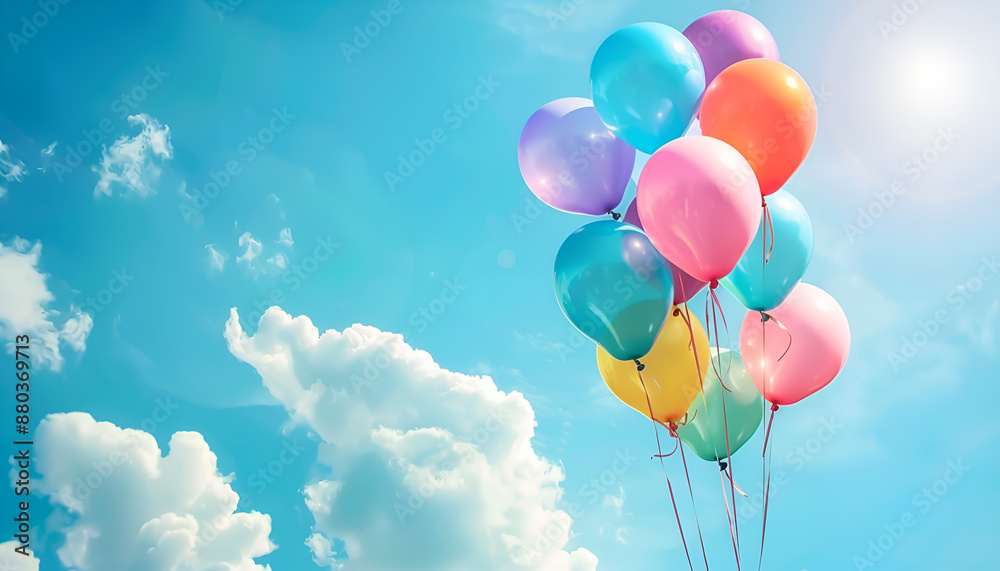 colorful helium balloons floating against blue sky joyful celebration background colorful helium balloons floating against blue sky joyful celebration background