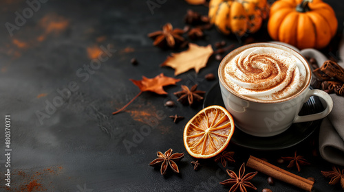 Pumpkin spice lattes, pumpkin pie, and other treats on a cozy, decorated table.