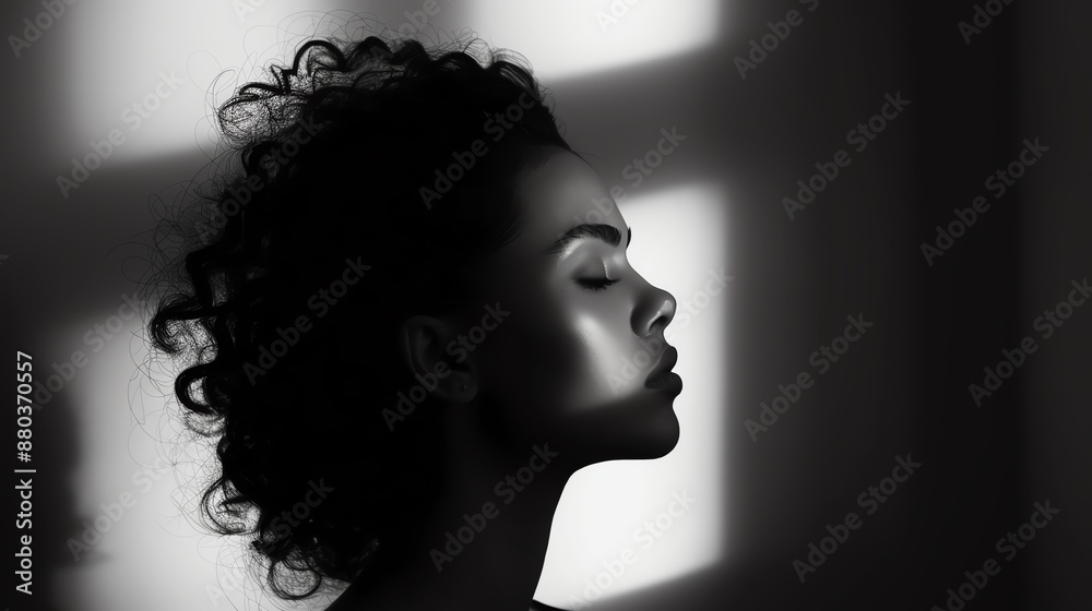 Serene portrait of a woman with curly hair in dramatic lighting. The black and white photo captures the calm and contemplation of the subject. Serene portrait of a woman with curly hair in dramatic lighting. The black and white photo captures the calm and contemplation of the subject.