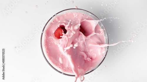 Slices of fresh strawberry falling into tasty milkshake or smoothie, super-slow motion, top view