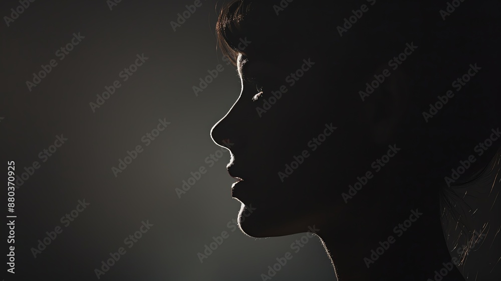 Silhouette of a woman in profile against a dark background, highlighting the contours of her face in a subtle light. Silhouette of a woman in profile against a dark background, highlighting the contours of her face in a subtle light.