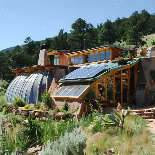 Sustainable Earthship Home with Solar Panels and Green Roof in Scenic Landscape
 photo