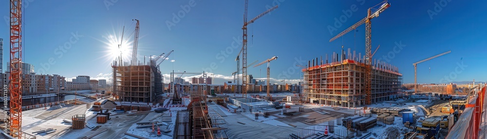 Wide-angle shot of a bustling construction site with cranes and buildings, showcasing urban development under a clear blue sky.